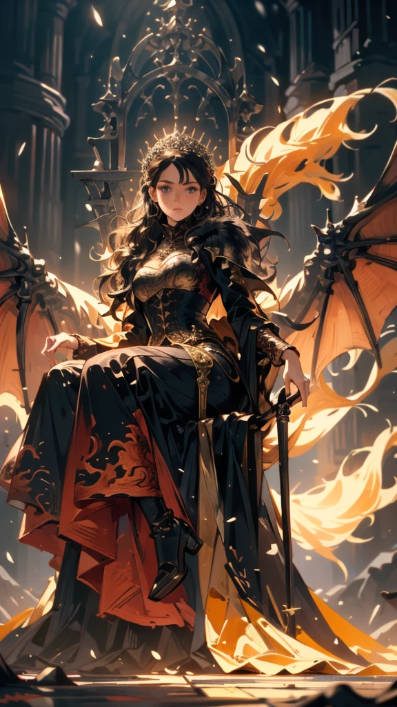 (Masterpiece), (film Style), (Super Detailed), (Beautiful), (UHD, HDR), (8K), (High Resolution: 1.2), (Complex and Beautiful: 1.2), (Dramatic Lighting: 1.2),Snow White as a beautiful lady of House Targaryen of Westeros, full body, black gold and red colors, Western Dragon and Fire detailing, purple eyes, Game of Thrones