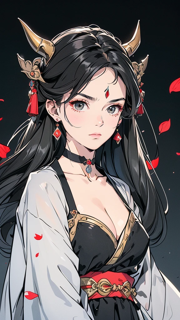 Seven Rhaeyar (Deylta), Ancient Star goddess, Perfect female anatomy (Royalty, Adult Female, 166cm in height, Cool pale skin, slim, slender, 34D breast size, Long Jet Black Hair, Gray Colored Iris , a set of Jet black colored horns on her head), Neutral facial expression, Elegant black uniform dress, female choker accessory with silver complimentary jewelry, dragon motifs, Black rope accessories, Simple Black Background, receiving light from the front, Slightly focusing on her face up close, Ethereal glow, Red Rose petals falling, Japanese inspired