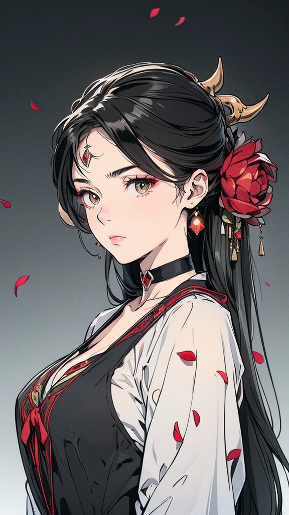 Seven Rhaeyar (Deylta), Ancient Star goddess, Perfect female anatomy (Royalty, Adult Female, 166cm in height, Cool pale skin, slim, slender, 34D breast size, Long Jet Black Hair, Gray Colored Iris , a set of Jet black colored horns on her head), Neutral facial expression, Elegant black uniform dress, female choker accessory with silver complimentary jewelry, dragon motifs, Black rope accessories, Simple Black Background, receiving light from the front, Slightly focusing on her face up close, Ethereal glow, Red Rose petals falling, Japanese inspired