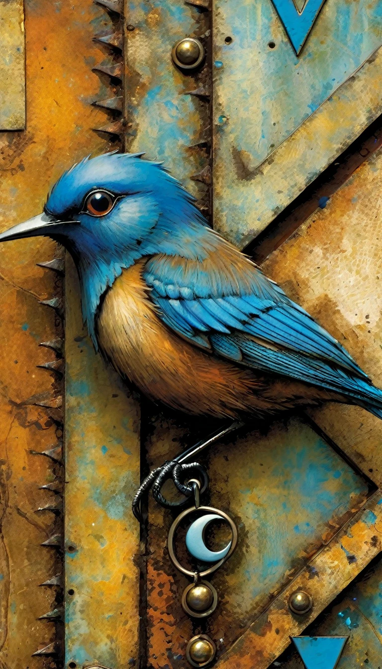 a closeup of a rusty metal letter V, with a blue bird playing with an eye, letter: V (Dave Mckean inspired art, intricate details, oil painting)