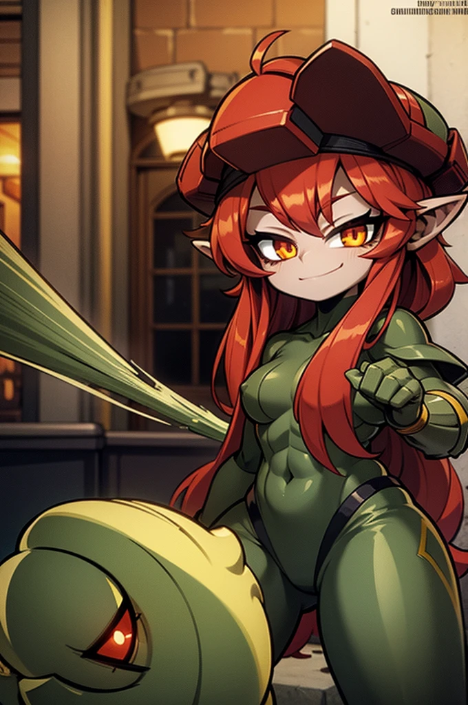 goblin enginner, red hair, golden eyes, green skin, full body art