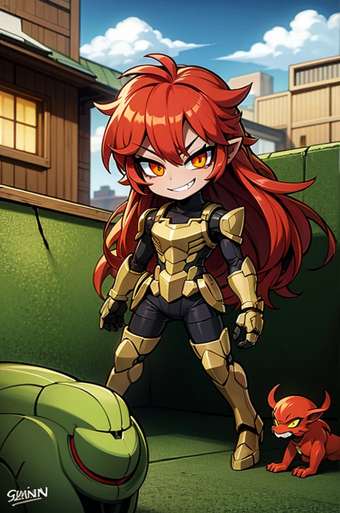 goblin enginner, red hair, golden eyes, green skin, full body art