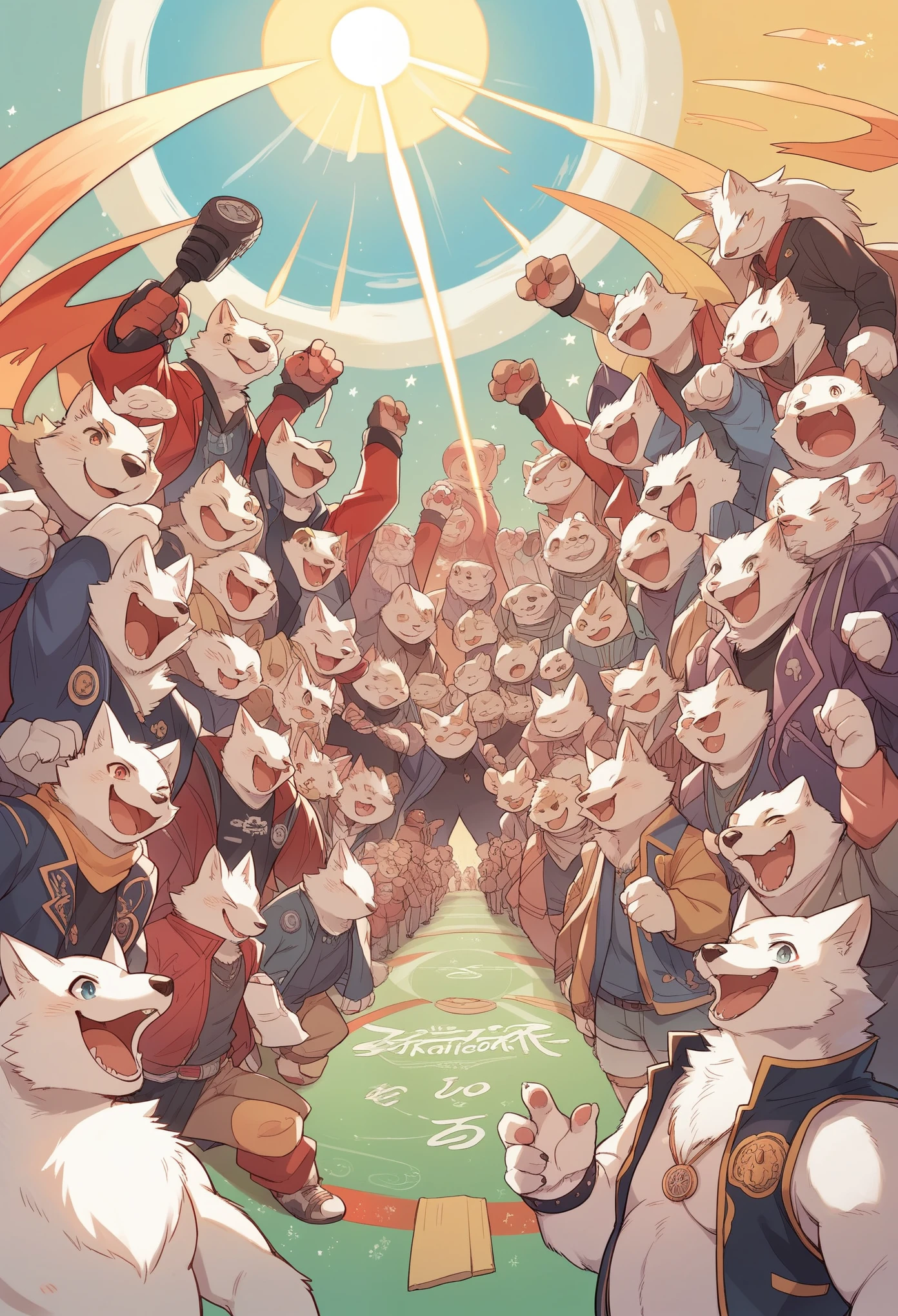 cover_page, highres, top quality, best quality, paid reward available, High-quality illustrations, unparalleled masterpiece, perfect artwork, absurdres, super high resolution, detailed background, Arcana punk, Beautiful World Heritage, 6+boys, 6+girls, Happy, joyful(Photos of solo travelers)(kemono, furry anthro)cinematic lighting, dynamic angle,