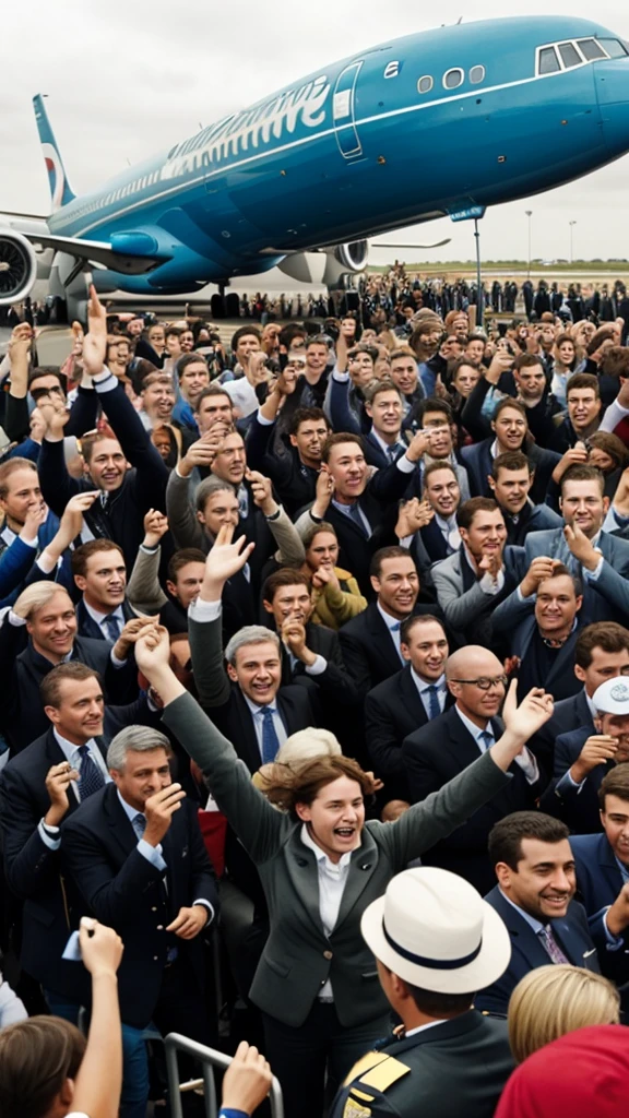A crowd in Calais cheering as Quimby lands her plane, celebrating her achievement