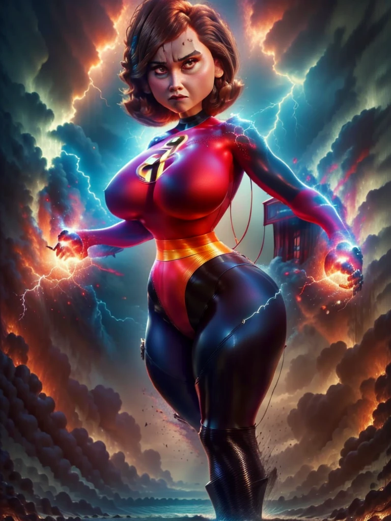 ragingstorm helen short hair, brown hair, brown eyes, superhero, ((red bodysuit)), (huge breasts:1.3, fakebreasts), best quality, hyper-detailed, intricate, extremely detailed, masterpiece, RAW, 8k UHD, extremely detailed face:1.3, detailed eyes:1.3, detailed body:1.3, (lightning, storm), 