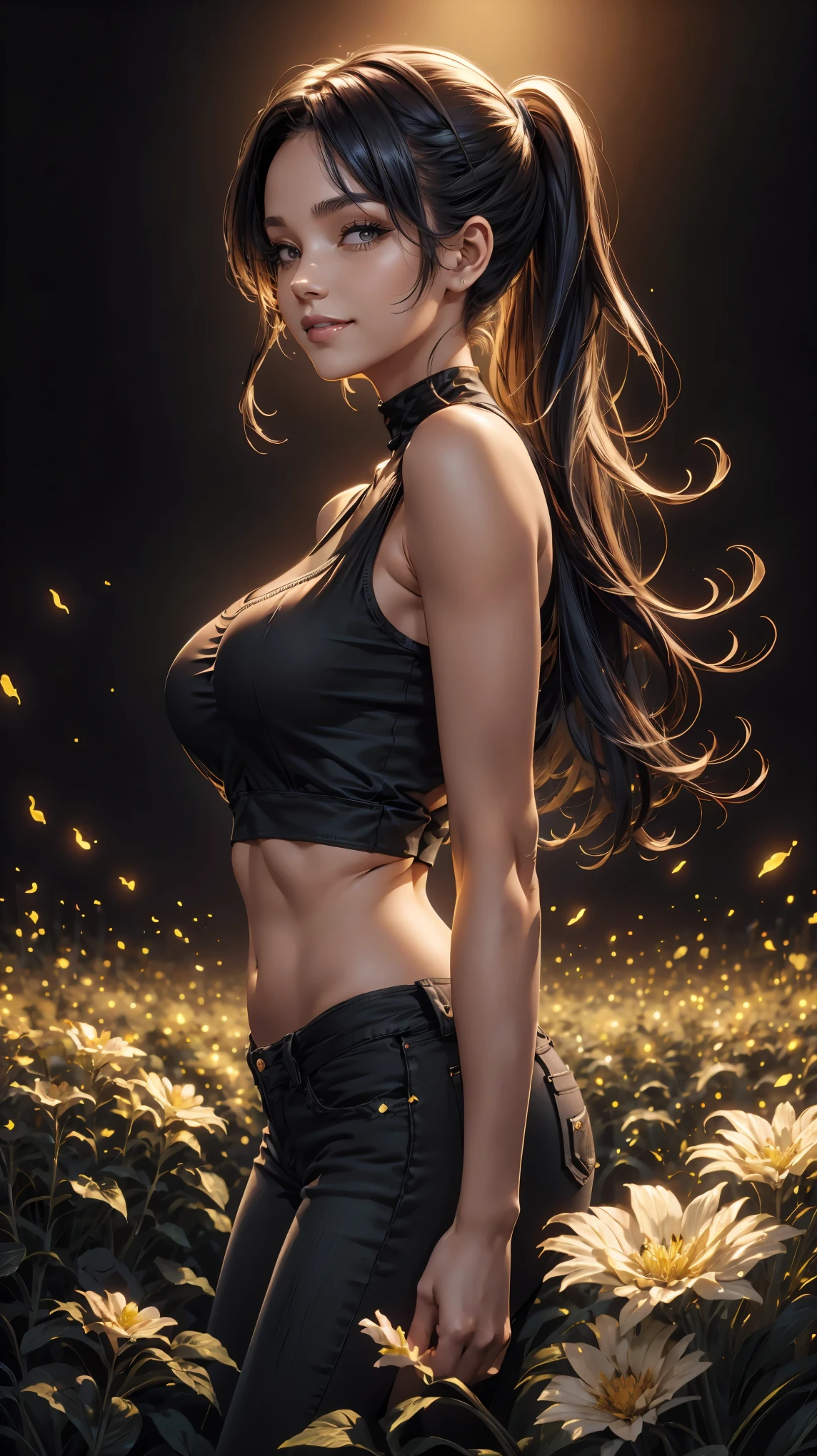 a woman in a black top and jeans posing for a picture, smiley face , smile on face, huge breasts, hot body curves, back view, beautiful colorful flowers, super model, wearing a black cropped tank top, black bodysuit, provocative, wearing a cropped black tank top, model with attractive body, 2 4 year old female model, wearing a black bodysuit, black halter top, beautiful female