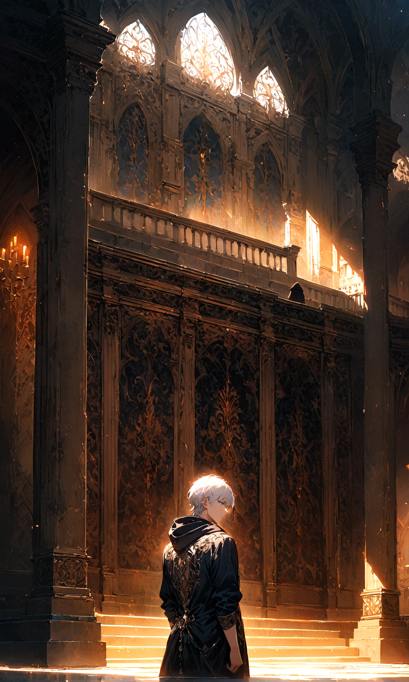 A man with White hair, blue eyes, a black hood, his back turned half his face, stood alone in the middle of the palace at night.