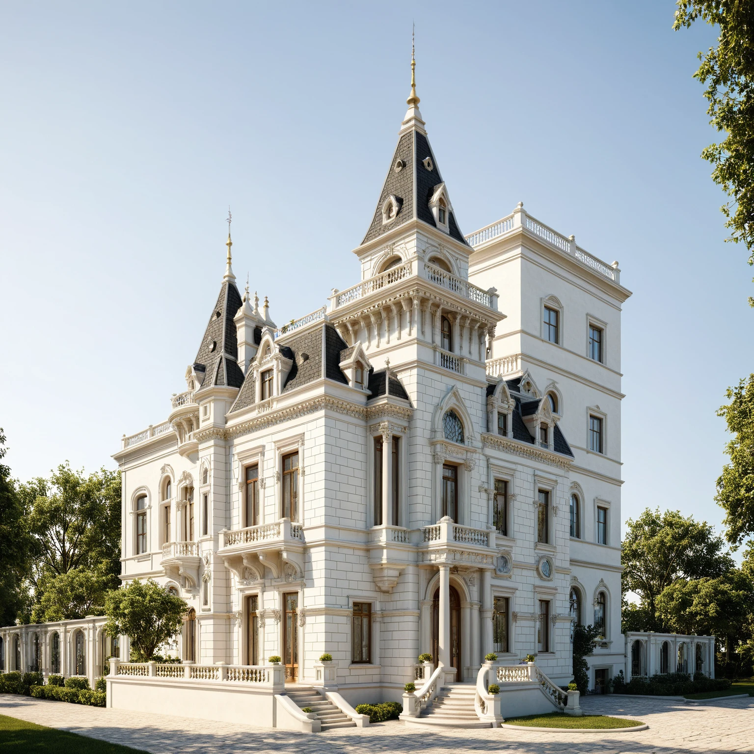 neoclassic house, exterior design, (white wall:1.3), Pair of Italian Neo-Classic Style White Railings, (hip and valley roof), Neoclassical design with complete detailed motifs, Neoclassical design completes the house with the most complete plan of facades and corners around the house, (emphasis on neo-white details), (reflection glass Tree shadow scattering), window, (focus on object), exterior design, perspective view, (white wall), (fence reverse lights), (Warm LED 4000k white tone, Clean and comfortable, timeless, making the space appear clear, (architectural design visualization), (focus on object), (material normal bump real reflection), (chao vantage software visualization render),(((Best Quality))), ((Masterpiece)), ((best illustration)), ((best shadows)), ((Super Detail)), (Intricate lines), (Photorealism),(hyper detail), ((archdaily)), ((award winning design)), (dynamic light), ((dawn sun light )), (perfect light), (shimering light), ((photorealistic)), ((intricate detail)), ((extreme detail)), ((crazy detail)), ((octane render)), ((trending on artstation)), ((High-fidelity)), ((Viwvid)), ((Crisp)), ((Eye-catching)), ((High-quality)),((Sharp)), (dawn sun environment)), ((Eye-catching)), ((Illuminating)), ((Flawless)), ((High-quality)),((Sharp edge render)), ((medium soft lighting)), ((photographic render)), ((detailed archviz)), ((reality environment)), (neoclassic house design architectural design facade), (neoclassic house facade roof design), (neoclassic house facade wall design), (neoclassic house facade decoration material design) (neoclassic house facade door and window design), (neoclassic house facade lighting design),  (Neoclassical house material design motif), (level of photo realism, depends on lighting, materials, composition, Real-Time Rendering, based on chao vantage timage rendering graphics software)