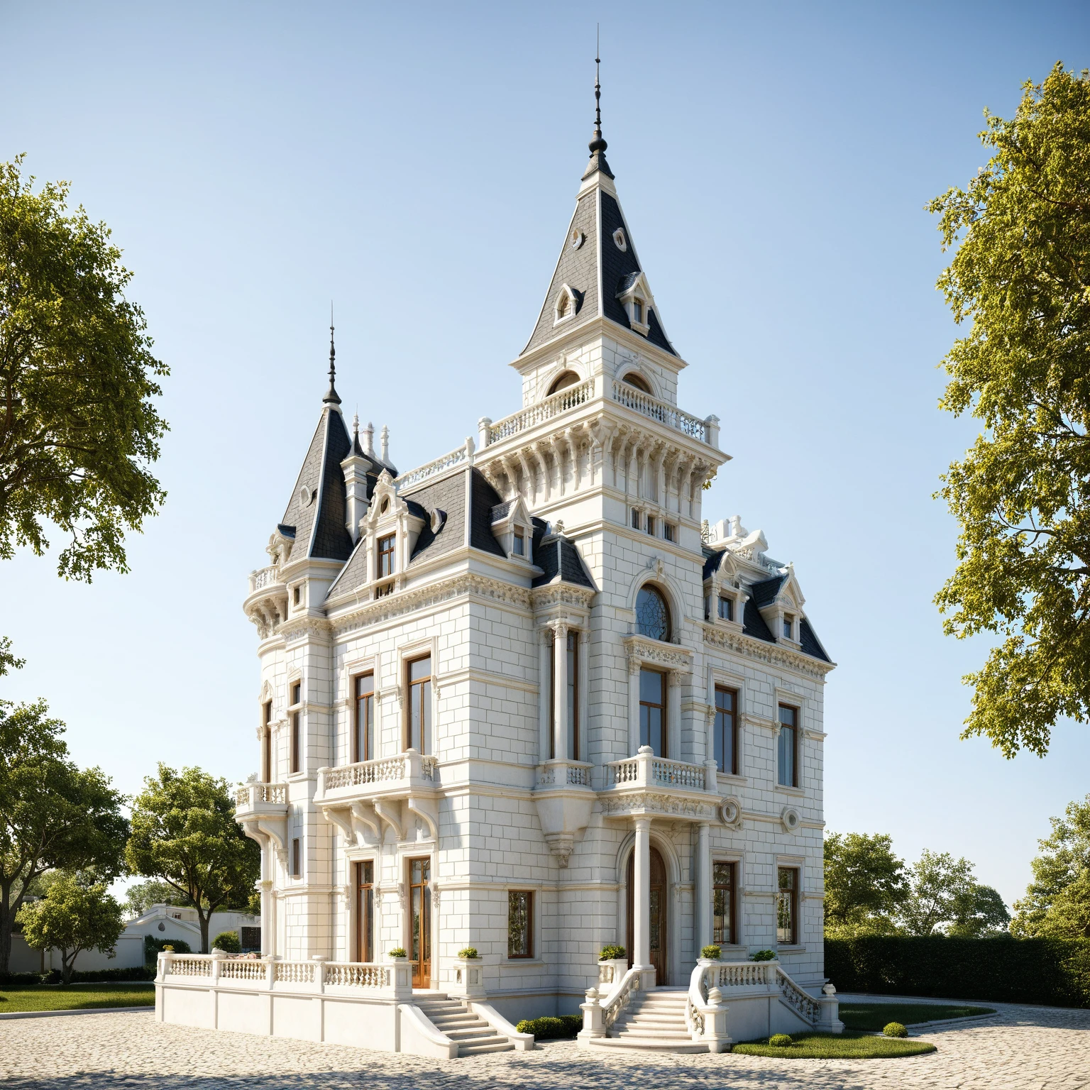 neoclassic house, exterior design, (white wall:1.3), Pair of Italian Neo-Classic Style White Railings, (hip and valley roof), Neoclassical design with complete detailed motifs, Neoclassical design completes the house with the most complete plan of facades and corners around the house, (emphasis on neo-white details), (reflection glass Tree shadow scattering), window, (focus on object), exterior design, perspective view, (white wall), (fence reverse lights), (Warm LED 4000k white tone, Clean and comfortable, timeless, making the space appear clear, (architectural design visualization), (focus on object), (material normal bump real reflection), (chao vantage software visualization render),(((Best Quality))), ((Masterpiece)), ((best illustration)), ((best shadows)), ((Super Detail)), (Intricate lines), (Photorealism),(hyper detail), ((archdaily)), ((award winning design)), (dynamic light), ((dawn sun light )), (perfect light), (shimering light), ((photorealistic)), ((intricate detail)), ((extreme detail)), ((crazy detail)), ((octane render)), ((trending on artstation)), ((High-fidelity)), ((Viwvid)), ((Crisp)), ((Eye-catching)), ((High-quality)),((Sharp)), (dawn sun environment)), ((Eye-catching)), ((Illuminating)), ((Flawless)), ((High-quality)),((Sharp edge render)), ((medium soft lighting)), ((photographic render)), ((detailed archviz)), ((reality environment)), (neoclassic house design architectural design facade), (neoclassic house facade roof design), (neoclassic house facade wall design), (neoclassic house facade decoration material design) (neoclassic house facade door and window design), (neoclassic house facade lighting design),  (Neoclassical house material design motif), (level of photo realism, depends on lighting, materials, composition, Real-Time Rendering, based on chao vantage timage rendering graphics software)