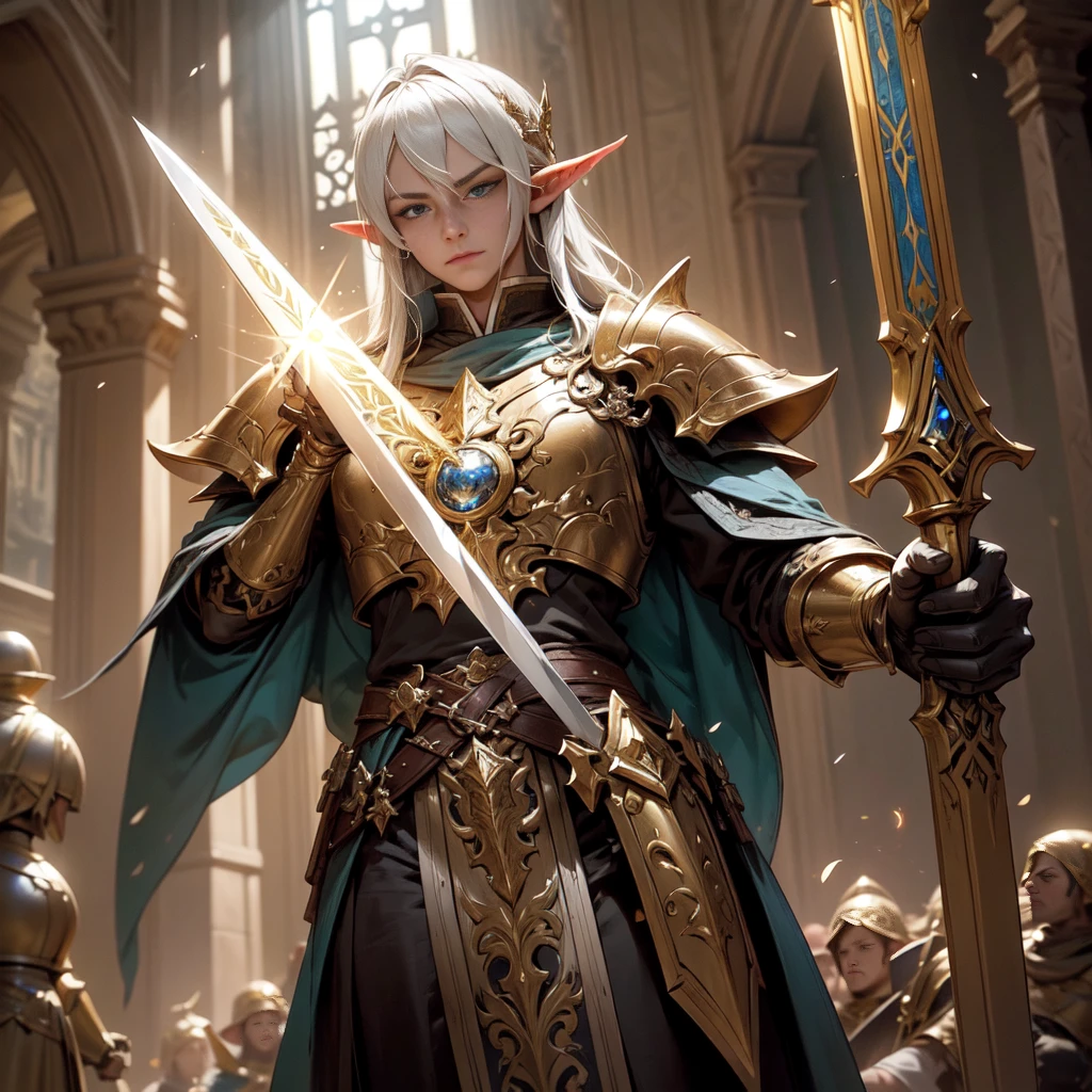 Create a detailed, cinematic image of an awe-inspiring paladin with elven characteristics. The Paladin wears shining golden armor with intricate details and refined decoration., including elven motifs such as intertwined leaves and tendrils. He has pointed ears, typical for elves. Carries a sword, which is permeated by radiant light, with elven inscriptions, that glow along the blade, whose luminosity spreads across the scene, brighten up the environment. In his other hand, he holds a huge golden shield, decorated with intricate elven heraldic motifs and sacred symbols. Your blue eyes shine with determination and courage. The Paladin follows an old, dark street, with stone buildings and gas lanterns, which partially illuminate the room. Sword light reveals hidden details in Gothic facades and deep shadows. The scene must convey a cinematic feeling, with a mix of strong colors and dark tones, reminiscent of Fujifilm photography. The image must be rendered in 8k, to ensure Ultra HD quality.