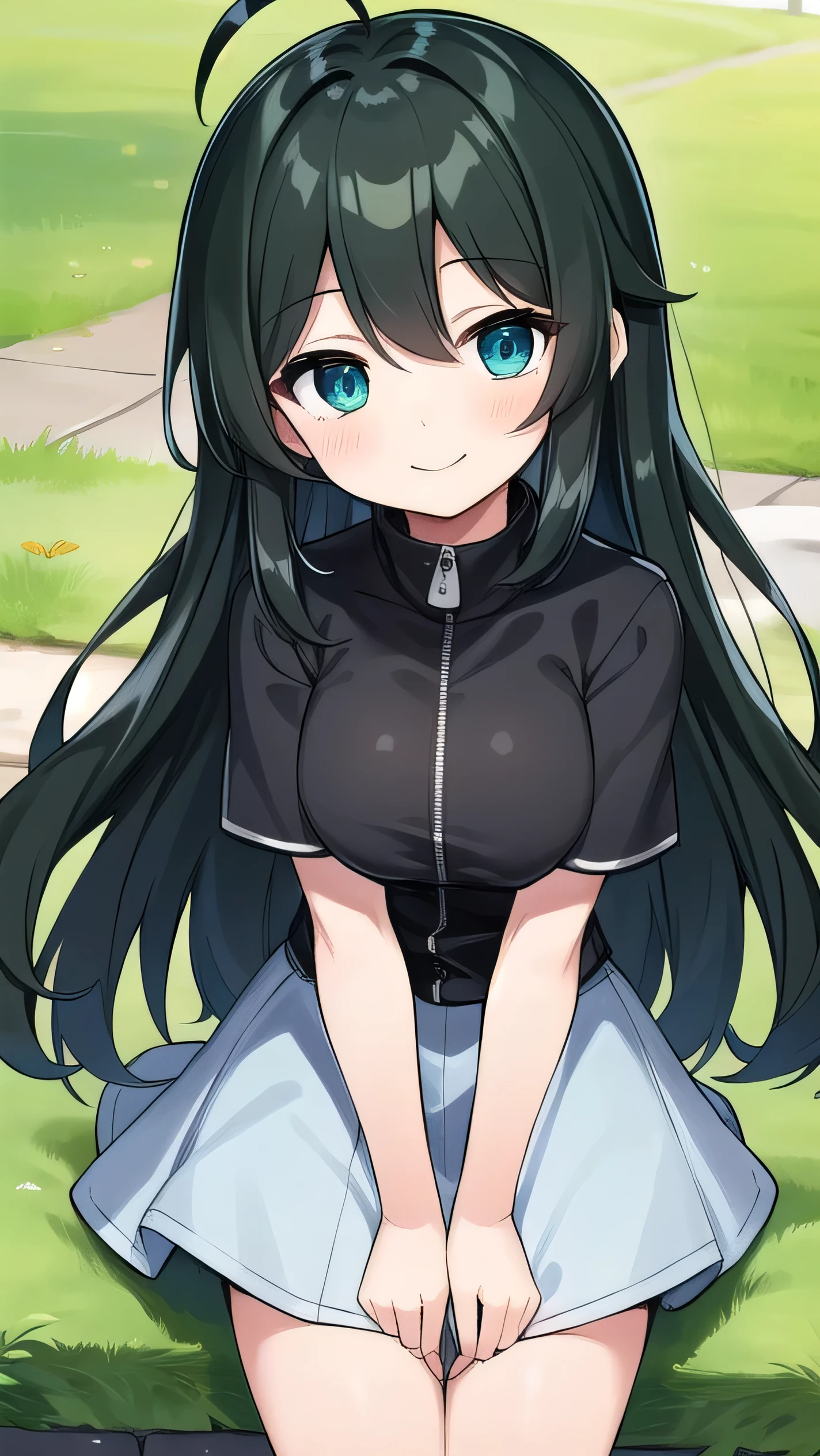  high schoolooks like an elementary school st short, 140 cm tall, black slight green tinge, short ahoge, beautiful long hair but with a little hair sticking out, beautiful round eyes, blue eyes, smile, boyish, big breasts,  long hair, childish face, gentle smile, a little shy, black hair with a slight green tinge, boyish, gentle smile, jacket one size larger, ( Deep greenish black hair: 1.3)