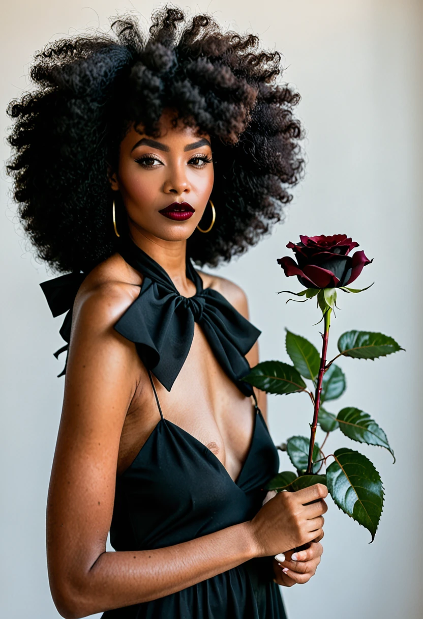 Black woman with afro hair holding a black rose