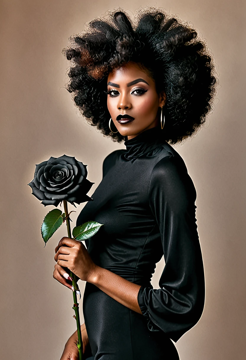 Black woman with afro hair holding a black rose