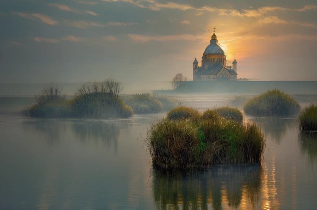 In this mystical scene a shining Orthodox church rises from the murky waters of a primordial swamp, the ornate black domes and crosses of the church are shrouded in mist, in the background a modern cityscape stretches beyond the horizon, sky and clouds, sunrise, undead, zombies burn, die in the swamp from the glow of the rays, the eerie silence of the swamp envelops the atmosphere, in the foreground grass and driftwood, (visible brushstrokes), by Svetlin Velinov, Stefan Koidl, Andrew Kuzinskiy, environmental artwork, awarded on cgsociety