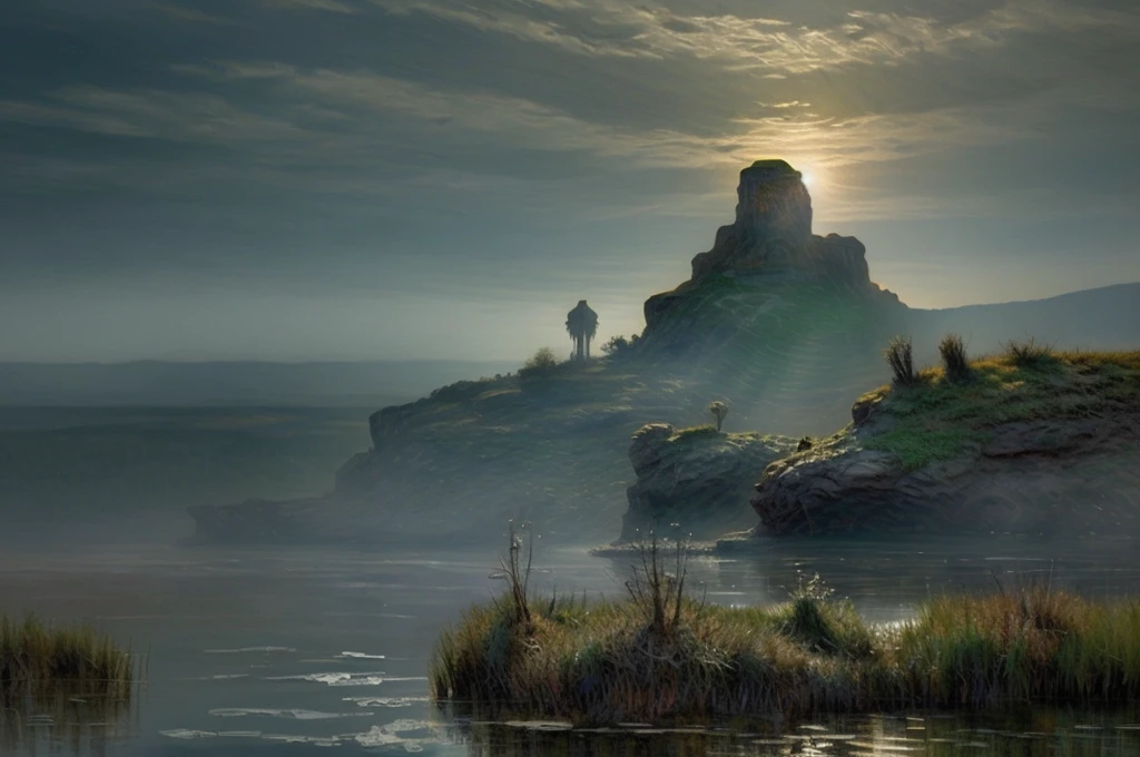 In this mystical scene a shining Orthodox church rises from the murky waters of a primordial swamp, the ornate black domes and crosses of the church are shrouded in mist, in the background a modern cityscape stretches beyond the horizon, sky and clouds, sunrise, undead, zombies burn, die in the swamp from the glow of the rays, the eerie silence of the swamp envelops the atmosphere, in the foreground grass and driftwood, (visible brushstrokes), by Svetlin Velinov, Stefan Koidl, Andrew Kuzinskiy, environmental artwork, awarded on cgsociety