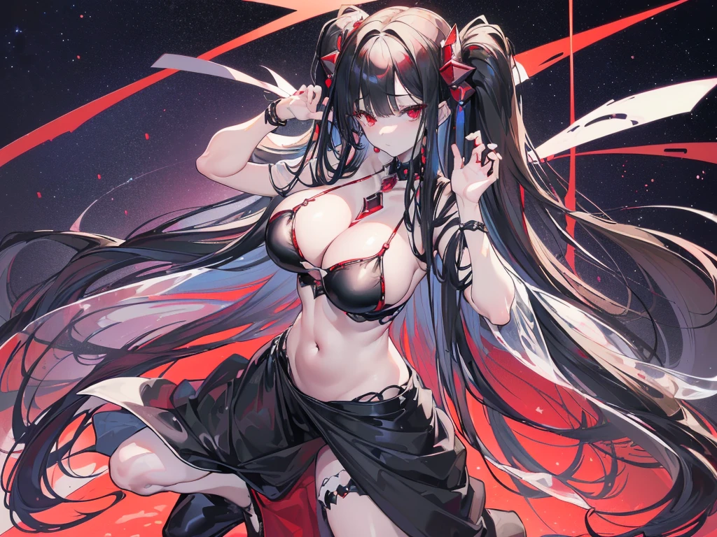 (Exquisite eyes),(Clear and beautiful eyes:1.61),masterpiece, 1 young girl,(Black clothes and some red gems), Black long hair, (She has a huge red gem on her ), Good Hand,((The Havoc of StarCraft)),full-body shot,Fighting Stance,(Red Eyes:1.466)，short and small,(Very :1.35),(Pretty Face),(full-body shot:1.33),Beautiful hands