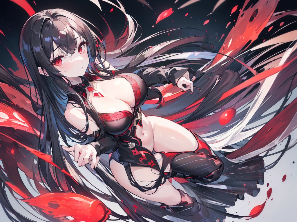 (Exquisite eyes),(Clear and beautiful eyes:1.61),masterpiece, 1 young girl,(Black clothes and some red gems), Black long hair, (She has a huge red gem on her chest), Good Hand,((The Havoc of StarCraft)),full-body shot,Fighting Stance,(Red Eyes:1.466)，short and small,(Very big breasts:1.35),(Pretty Face),(full-body shot:1.33),Beautiful hands