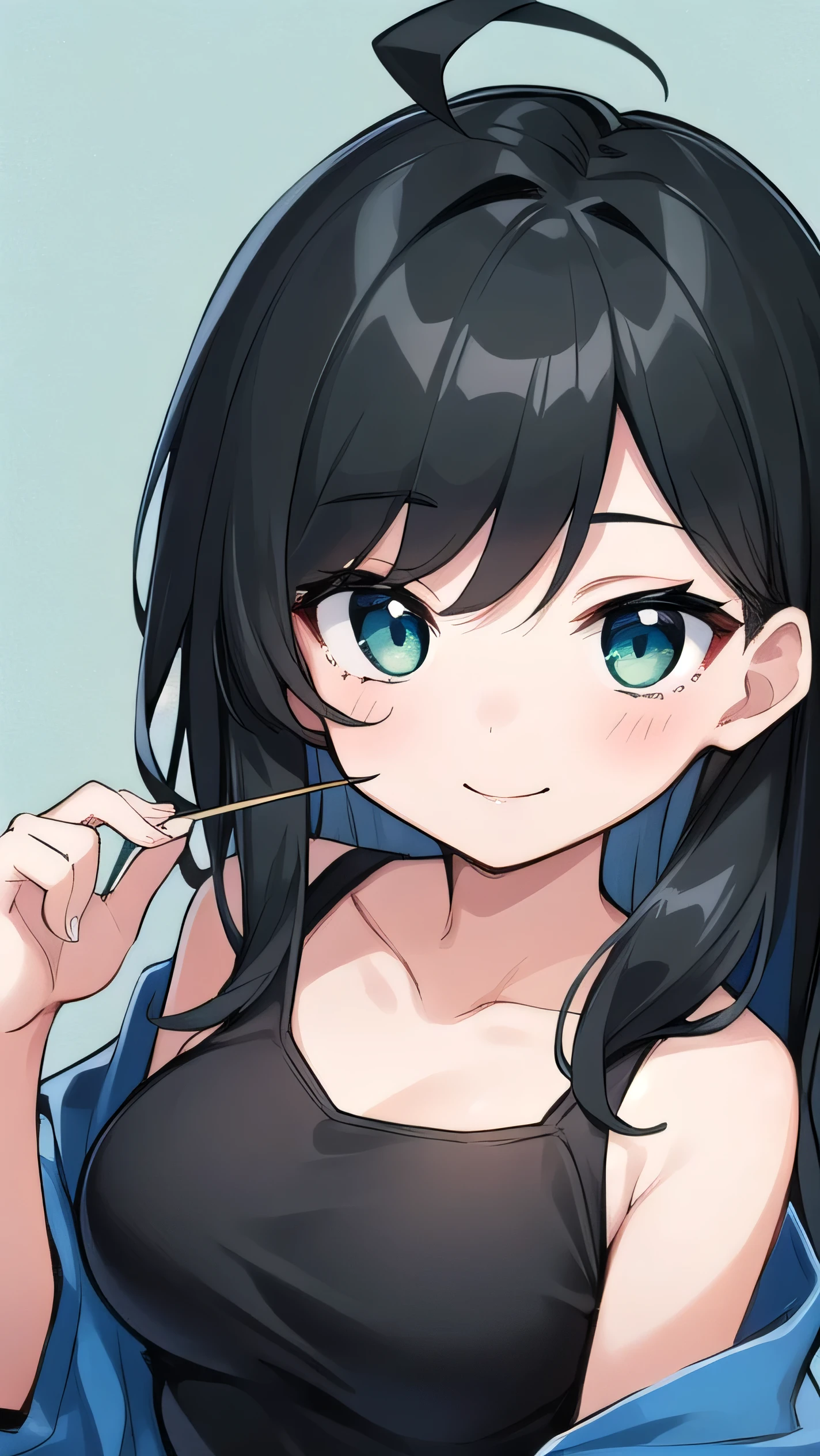 Junior high school student who looks like an elementary school student, 14 years old, very short, 140 cm tall, black hair with a slight green tinge, short ahoge, beautiful long hair but with a little hair sticking out, beautiful round eyes, blue eyes, smile, boyish, big breasts,  long hair, childish face, gentle smile, a little shy, black hair with a slight green tinge, boyish, gentle smile, jacket one size larger, ( Deep greenish black hair: 1.3)
