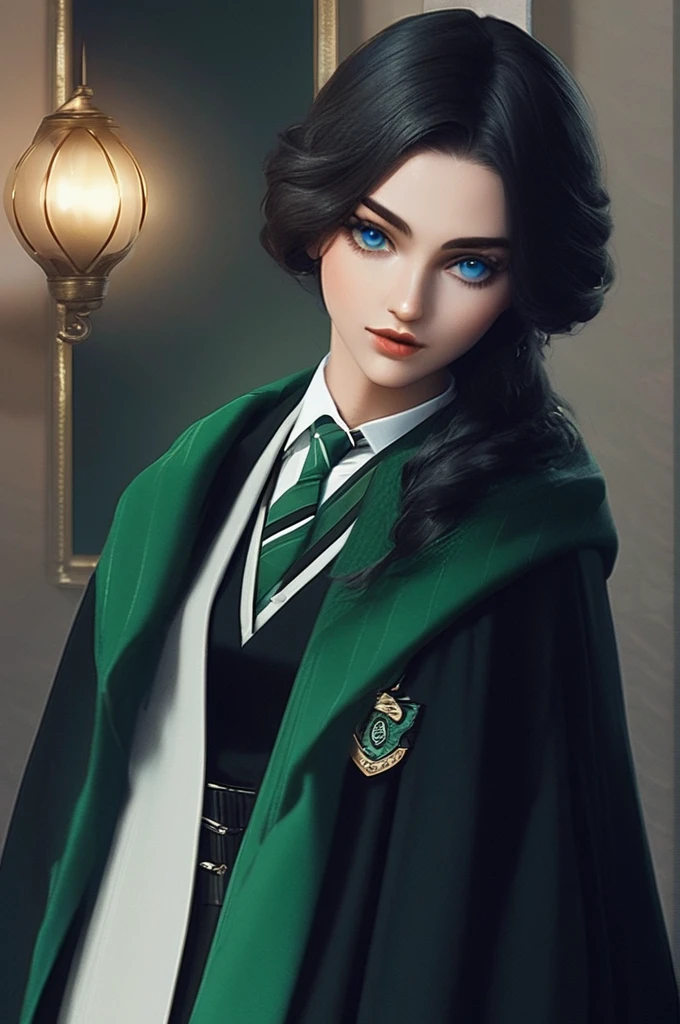 ((Лучшее качество)), ((шедевр)), (подробный), young girl, British, long black hair, blue eyes, small breasts, wide hips, light makeup, slytherin , realism style