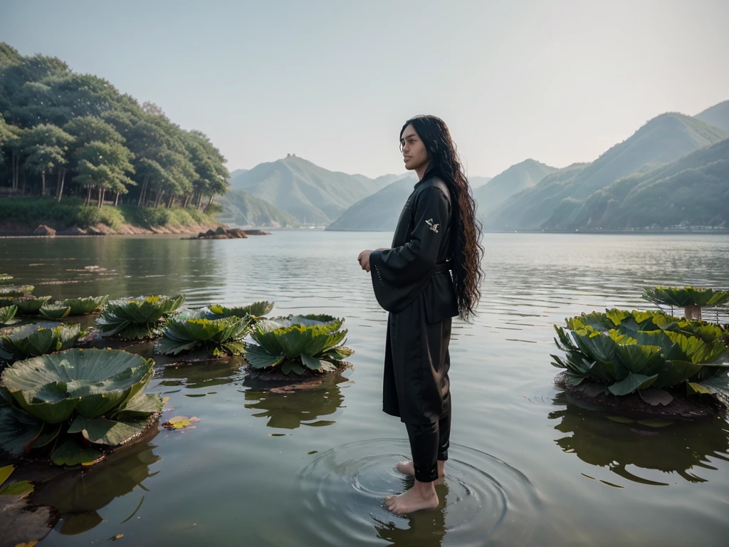 ((4K,work of art,best qualityer)), shuimobysim, chinese traditional ink painting, lotus,  Hanfu, maxiskit, view-se futuristic 1man, standing alone, Afro long black hair, serious face, standing, feet in the water,  feet, looking into the abyss
 