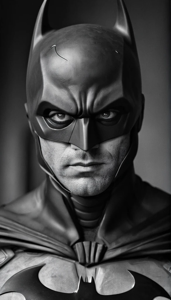 A riveting black and white extreme close-up portrait of Batman, focused on his intense and serious facial expression. He is looking downwards with a furrowed brow, as if concentrating on something below. The hyper-realistic detailing captures every line, pore, and shadow on his face, enhancing the overall intensity of the image. The background is starkly dark, emphasizing Batman's piercing gaze and the dramatic lighting that gives the photograph a cinematic feel., portrait photography, cinematic