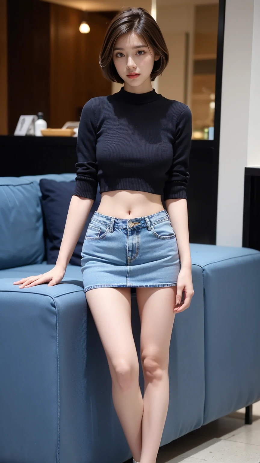 (masuter piece:1.3)、(8K、Photorealsitic、Raw photography、top-quality: 1.4)、(1girl in)、beautiful countenance、(Lifelike face)、(A darK-haired、short-hair:1.3)、Beautiful hairstyle、realisticeyes、Beautiful details、(real looking skin)、Beautiful skins、absurderes、enticing、超A high resolution、A hyper-realistic、high-detail、the golden ratio、((wide Open abdomen))、((Open abdomen))、((wide open navel))、((open navel))、((Mid-Riff Sweater))、((Ultra-low rise、Denim Mini Skirt))、((Navel Ejection))、((small hips))、((long limbs))、((Full body depiction))、((A slender))、((small hip))、(Ultra-low rise))、((Denim Mini Skirt))、((is standing))、Sitting,sit on the chair,