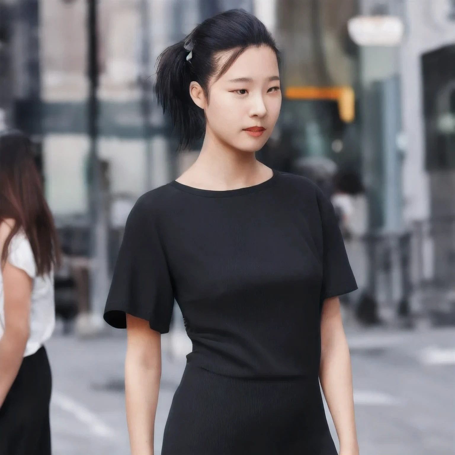 A woman in a black dress poses for a photo, Sleek black hair, Hair tied into a sleek low ponytail, Comb your hair back, 短Comb your hair back, She wears a black vest, 2 4-year-old female model, very 短Comb your hair back, Slicked-back hair, 30-year-old French woman, 1 girl, solo,a girl in a black dress posing for a picture, slicked black hair, hair in slick low ponytail, slicked-back hair, short slicked - back hair, she is wearing a black tank top, 2 4 year old female model, very short slicked - back hair, slicked back hair, 30-year-old french woman