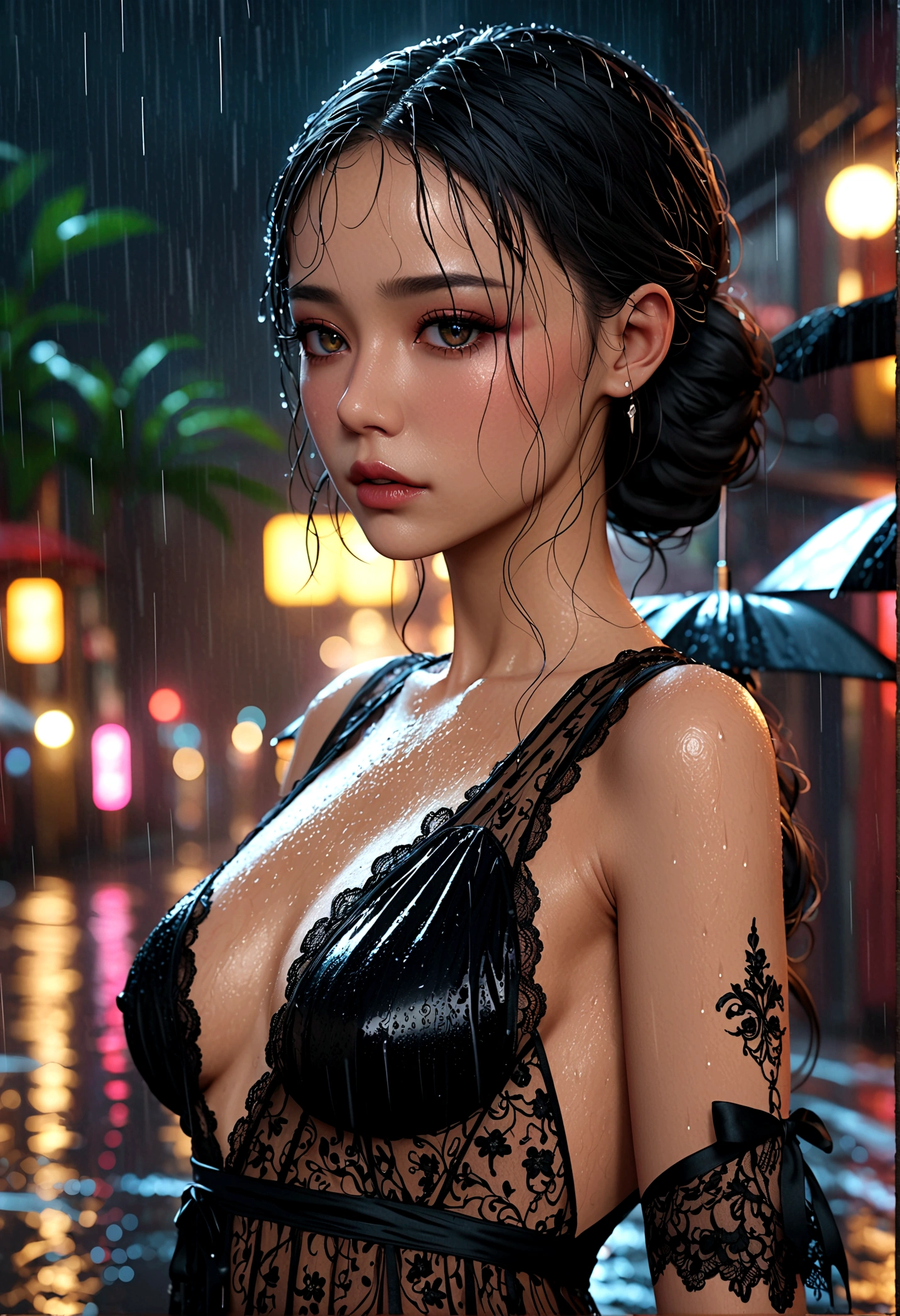 ((best quality, 8K, prostitute, Lace maxi dress, Standing in the rain, , Highly detailed face and skin textures, Delicate eyes, Double eyelids.)