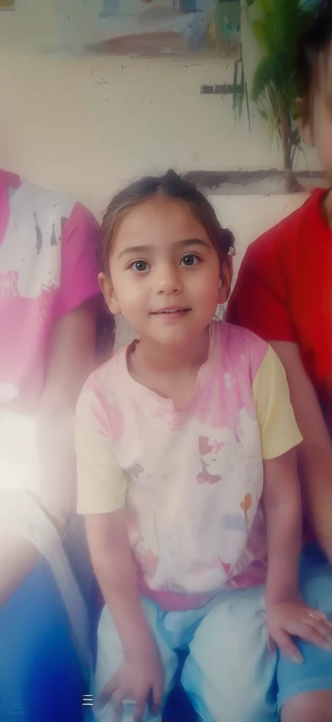 1kid girl wearing a red t-shirt with yellow sleeves and there is a cartoon picture on the t-shirt, background the wall, pas photo, front view, look from front, detail realistic UHD 4k
