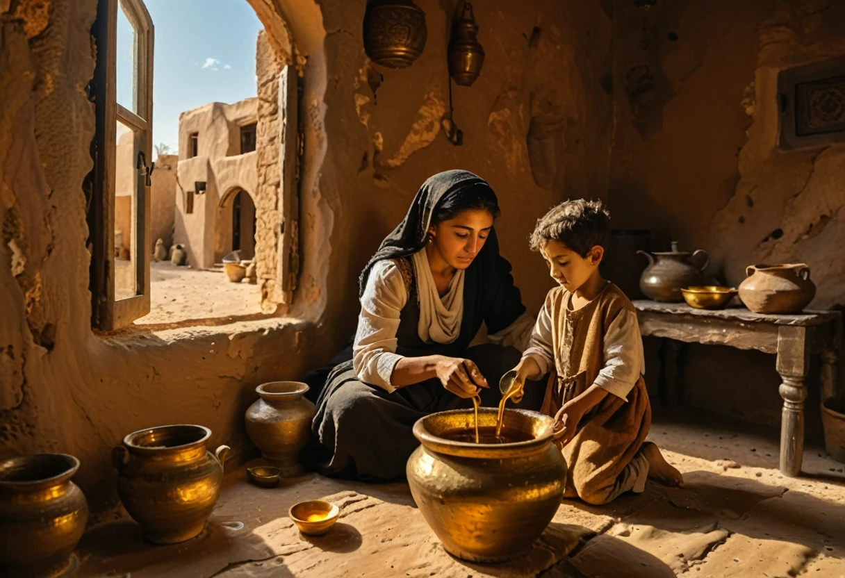 ((widow pouring oil into a vessel beside)), (small kid boy by your side watching), (ancient Middle Eastern village), (widow pouring oil from a jar while Elisha looks on), (biblical narrative moment), (modest home with clay walls and simple furnishings), (soft, natural light filtering through a window), (inspired by Rembrandt), (realistic), (digital painting), (historical scene), (earthy tones with highlights of gold and brown), (high resolution, ultra-detailed), (masterpiece quality), 
