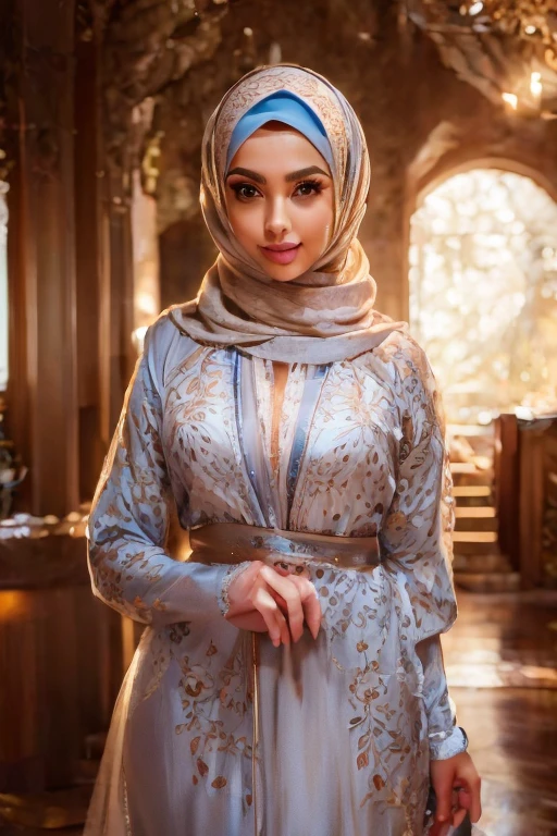 cute face hijab girl, beautiful detailed eyes, beautiful detailed lips, extremely detailed eyes and face, long eyelashes, girl in cardigan dress, indoor scene, photorealistic, 8k, hyperdetailed, intricate details, realistic skin texture, soft lighting, warm color palette