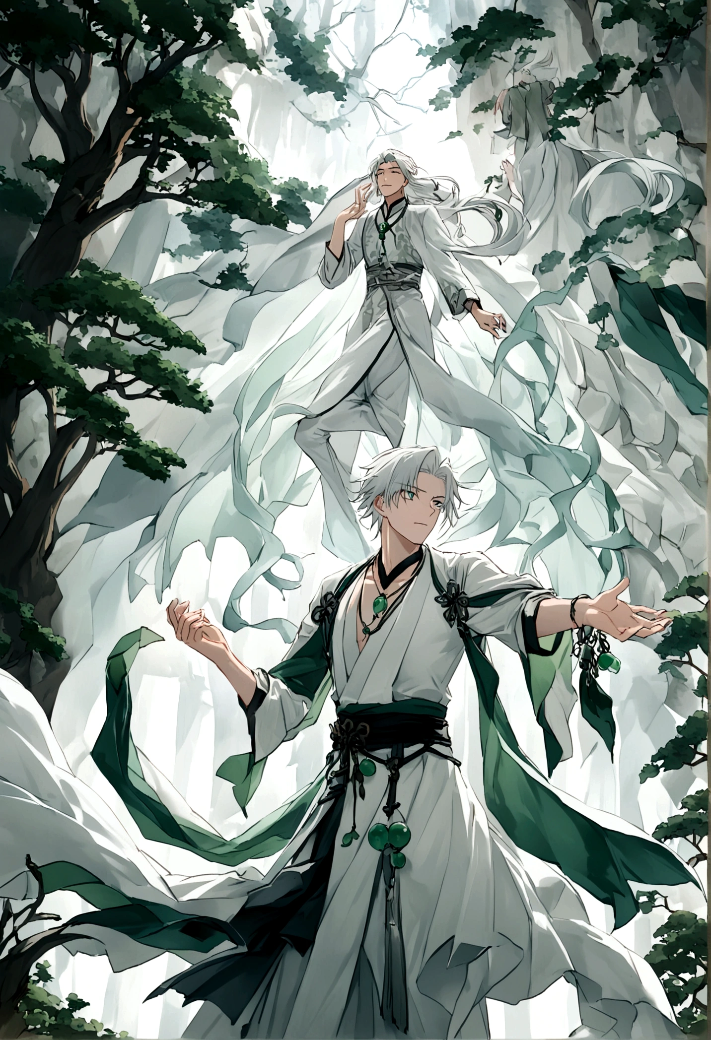 Mysterious forest,Shandong(((ancient cave)))，((Young male)),Handsome，((Worn clothes))，Shocked expression，((Jade pendant floating in the air，Silvery white light,Dazzling))，dream，((Mysterious dream scene））style，Chinese style，Immortal World，Xianxia World