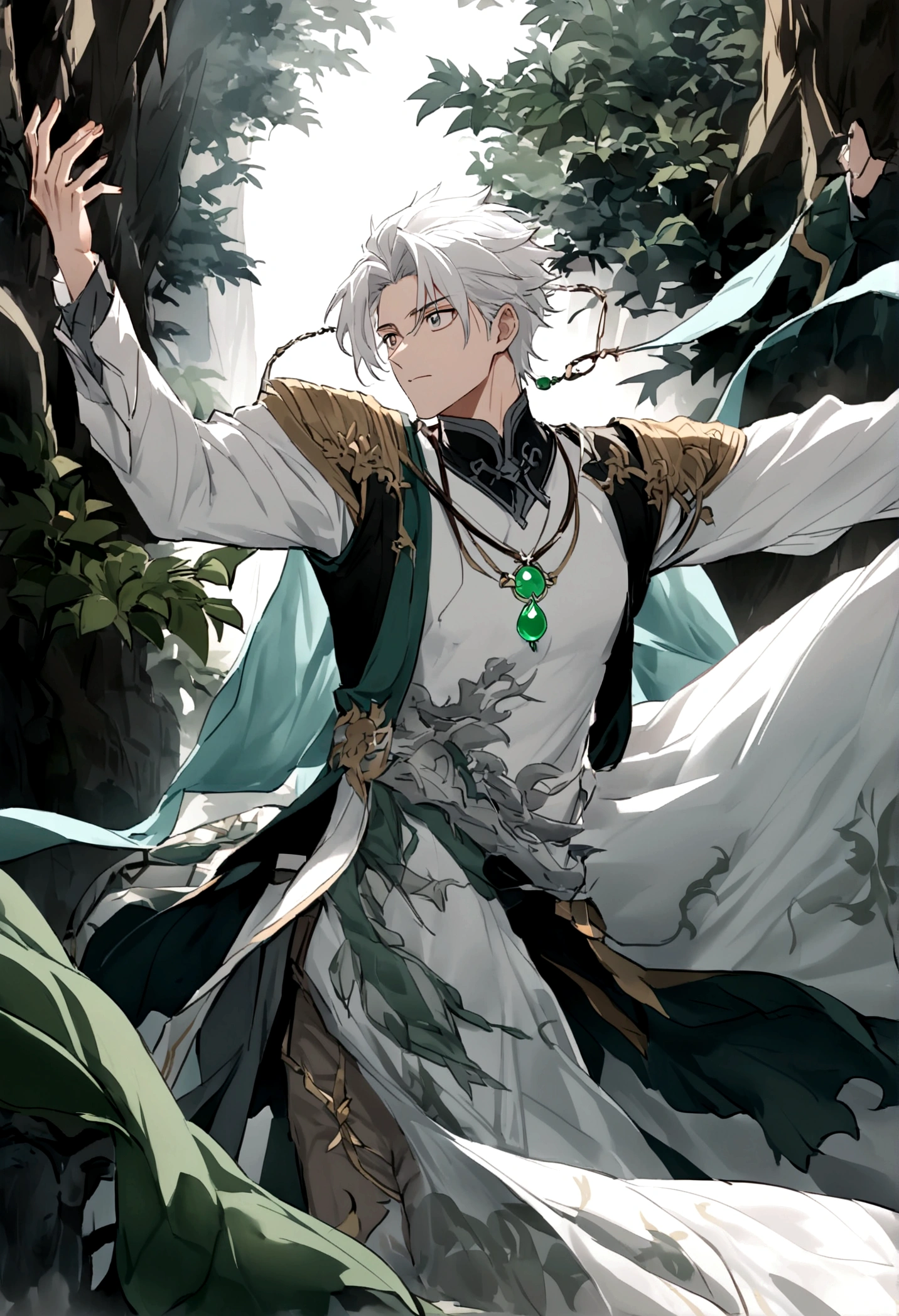 Mysterious forest,Shandong(((ancient cave)))，((Young male)),Handsome，((Worn clothes))，Shocked expression，((Jade pendant floating in the air，Silvery white light,Dazzling))，dream，((Mysterious dream scene））style，Chinese style，Immortal World，Xianxia World