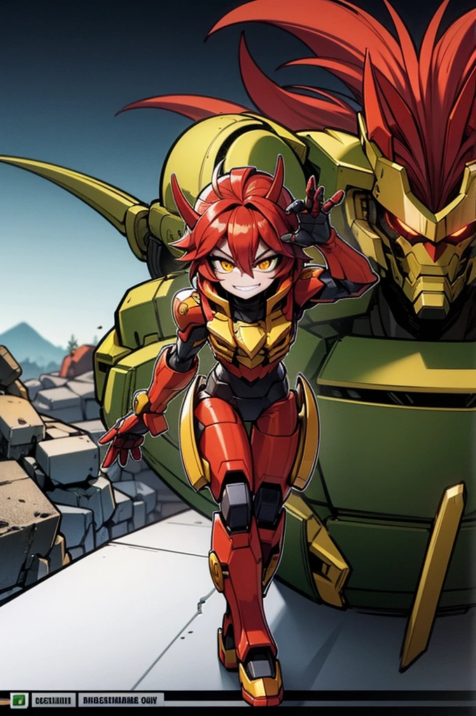 goblin enginner, red hair, golden eyes, green skin, full body art, battle suit perfectly adorned.