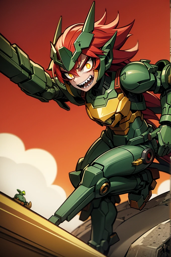 goblin enginner, red hair, golden eyes, green skin, full body art, battle suit perfectly adorned.