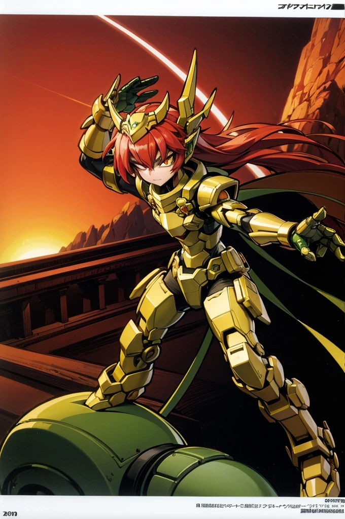 goblin enginner, red hair, golden eyes, green skin, full body art, battle suit perfectly adorned.