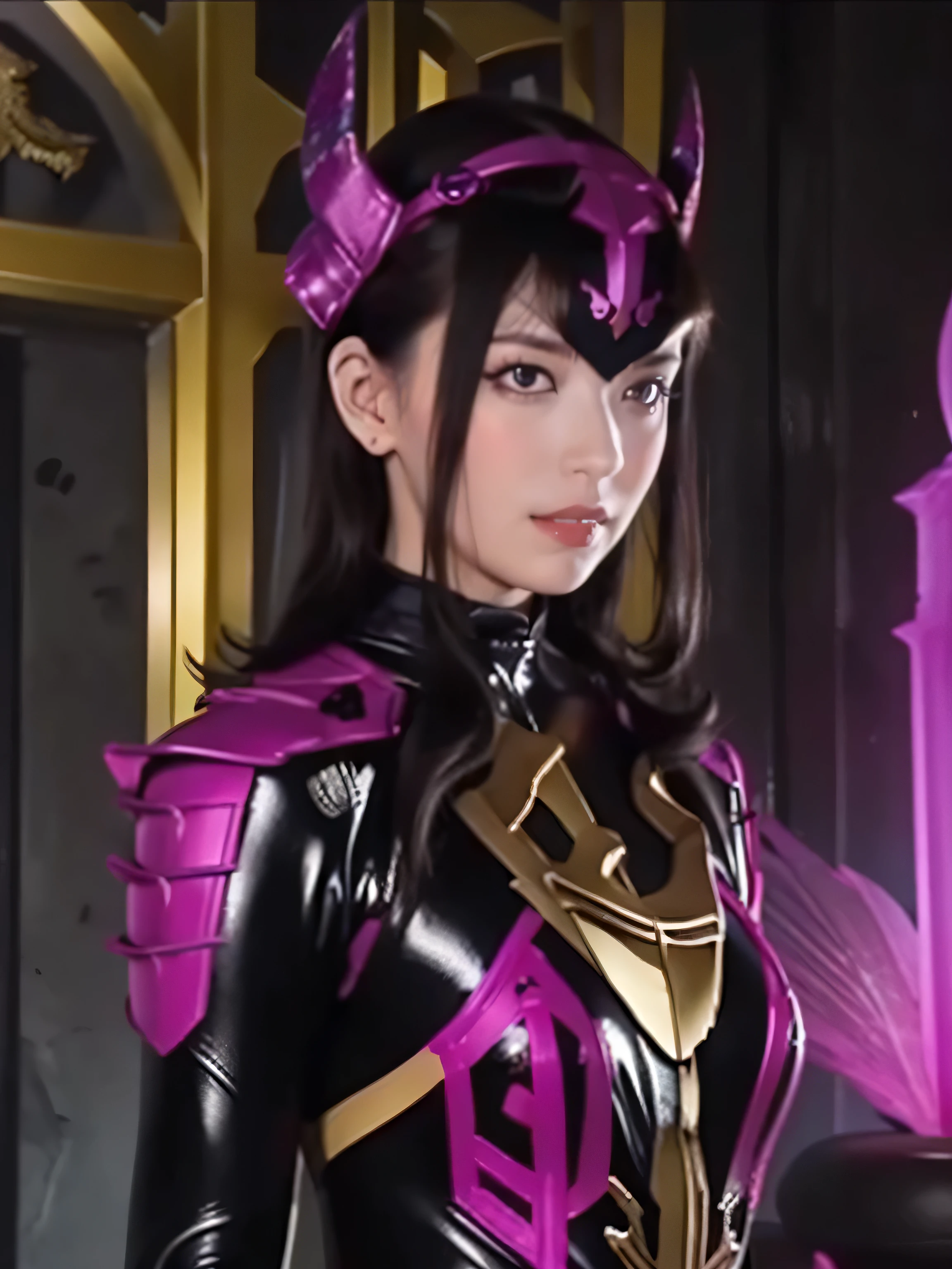 (Scorpion-themed helmet), (woman:1.1), (Black latex suit:1.1), (Impressive decor:1.1), Lock, Sickle, (Alchemy-style equipment:1.1), (Purple image color:1.1)