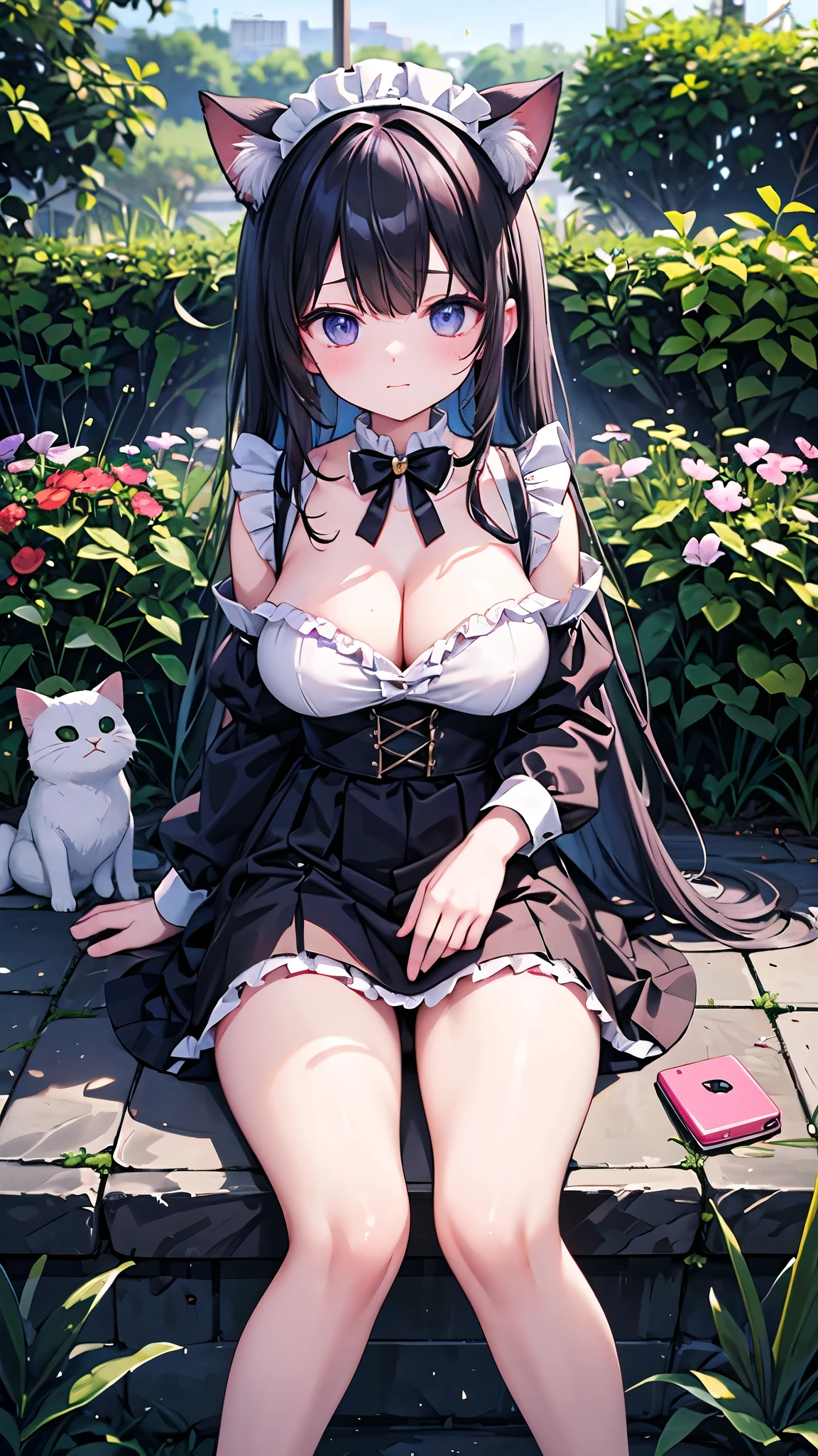 Busty Cat Maid、Open chest、Cleavage、Female about 20 years old、Black cat hair、Perfect body、clumsy person、scatterbrain、Garden