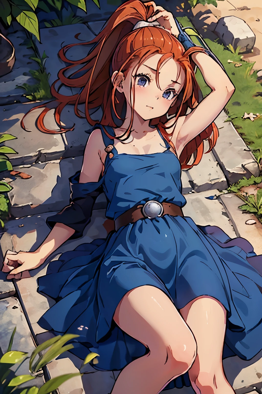 High resolution、Highest quality、Small build、Small shoulders、White skin、Long Hair、thin、dq6barbara、high ponytail、 Redhead、Navy Blue Dress、Wide open slit、blush、thin太もも、((No underwear、Naked from the waist up、Lying on the ground、Lying on the ground、Underarm、side))、Daytime steppe