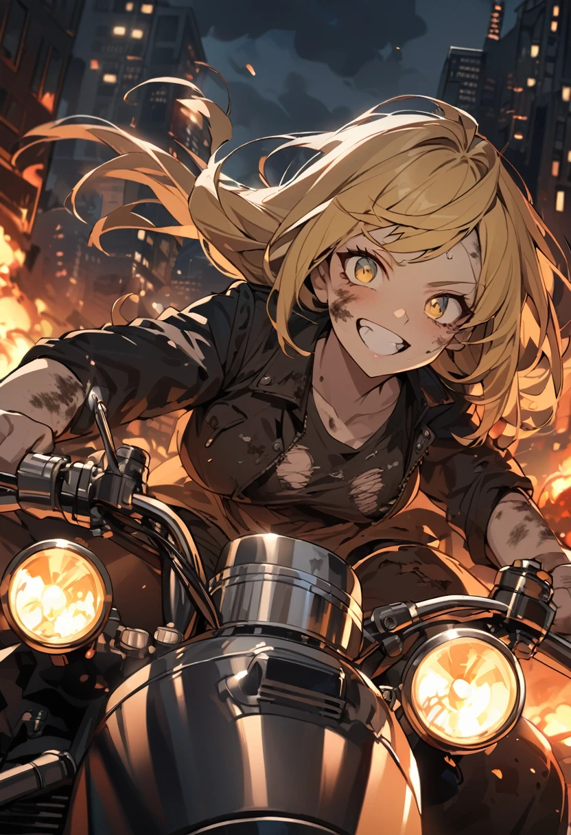 Golden hair, golden eyes with black pupils, woman, cruiser motorcycle, big chest, motorcycle goggles, happy, big smile, dirty, burning city at night, zombie apocalypse, tattered black streetwear, speeding, highly detailed, perfect eyes, well defined eyes, highly detailed eyes, expressive eyes