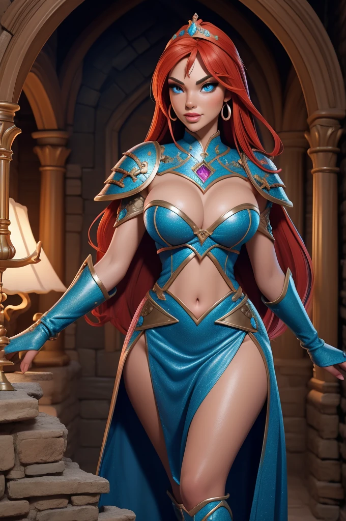 seductively exploring a medieval fantasy castle, revealing a highly detailed face and captivating eyes, dressed in provocative micro armor, visible navel, surrounded by vibrant and colorful scenery, rendered in stunning 4k quality.