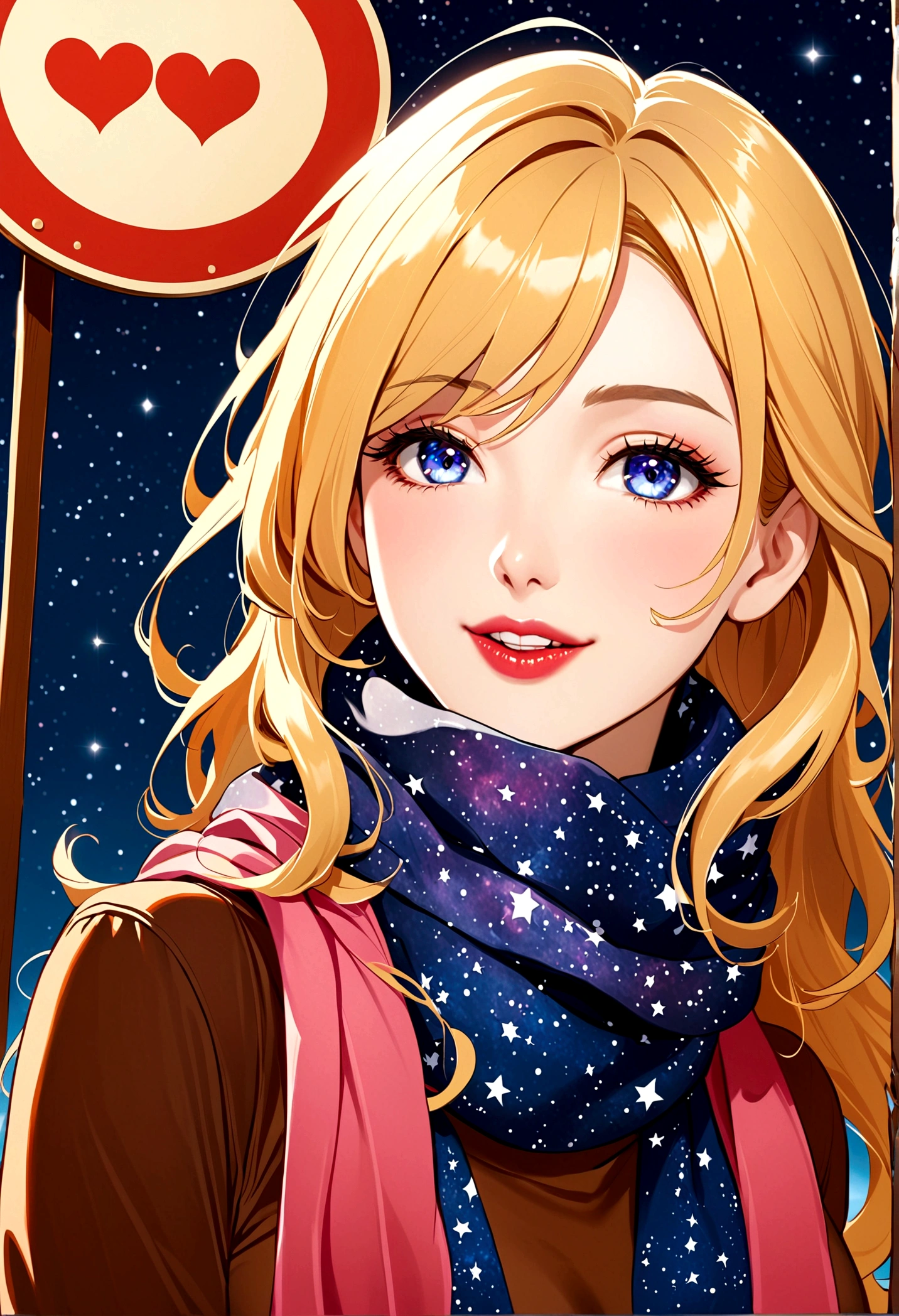 1 Girl, Ahog, Bangs, Blonde hair, Blow a Kiss, blue eyes, blue scarf, brown scarf, cleveage, Shut up, eyelash, Face, Flowing hair, Hair between the eyes, Heart, Lips, Lipstick, Long hair, Looking at the audience, cosmetic, night Sky, nose, Close one eye, orange scarf, pink Lips, pink scarf, portrait, Purple Eyes, Practical, red Lips, red scarf, scarf, sign, Smile, Solitary, space, spoken Heart, Star (Sky), Starry Sky, Upper Body, Watermark, yang xiao long, yellow scarf