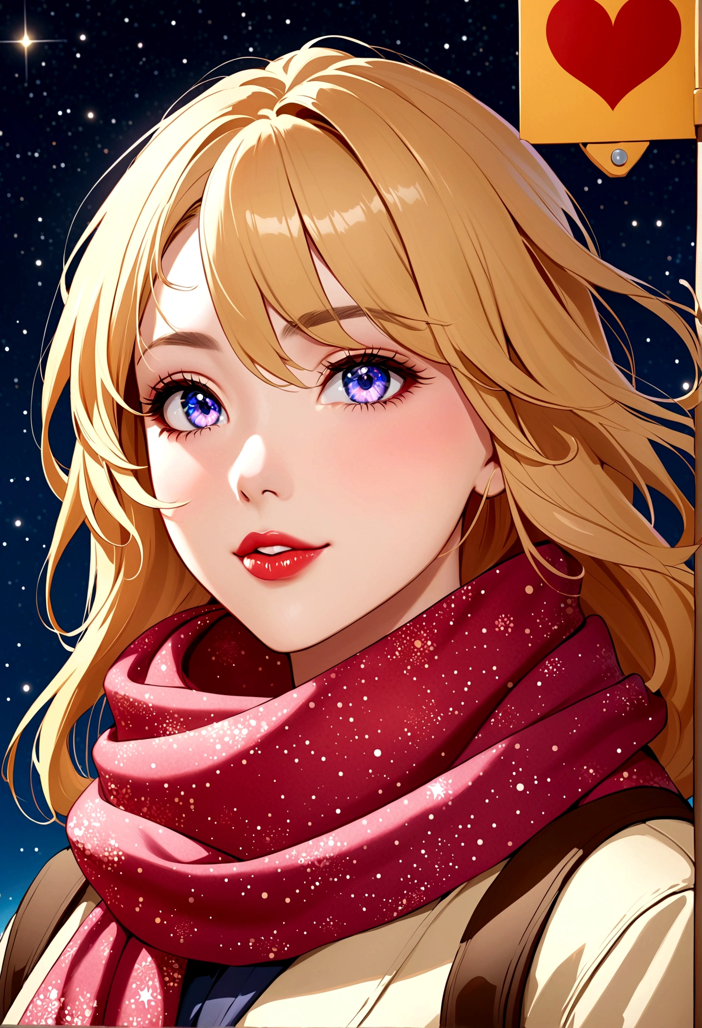 1 Girl, Ahog, Bangs, Blonde hair, Blow a Kiss, blue eyes, blue scarf, brown scarf, cleveage, Shut up, eyelash, Face, Flowing hair, Hair between the eyes, Heart, Lips, Lipstick, Long hair, Looking at the audience, cosmetic, night Sky, nose, Close one eye, orange scarf, pink Lips, pink scarf, portrait, Purple Eyes, Practical, red Lips, red scarf, scarf, sign, Smile, Solitary, space, spoken Heart, Star (Sky), Starry Sky, Upper Body, Watermark, yang xiao long, yellow scarf