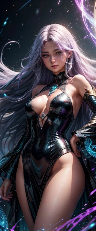 Masterpiece, best quality, 1girl, with long flowing iridescent hair in shades of purple, blue, and green, wearing a sleek black bodysuit, standing in a dramatic pose with one hand on her hip and the other holding a glowing, magical crystal ball. In the background, a swirling vortex of light and energy adds to the mysterious and enchanting atmosphere of the scene. glow hair, multicolor hair, {{masterpiece}}, best quality, extremely detailed CG unity 8k wallpaper,