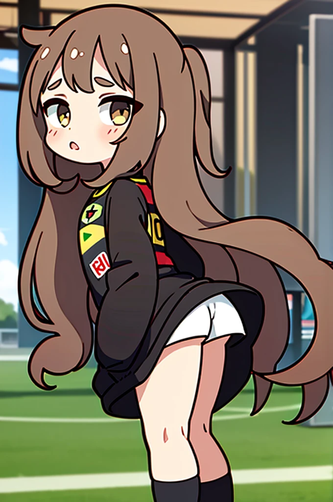 18 year old girl, large eyes, big eyelashes, thin eyebrows, half full cheeks, thick lips, curly brown hair, Brazilian long-sleeved soccer jersey with number 10, showing the ass, pussy, calcetas largas blancas, black tennises