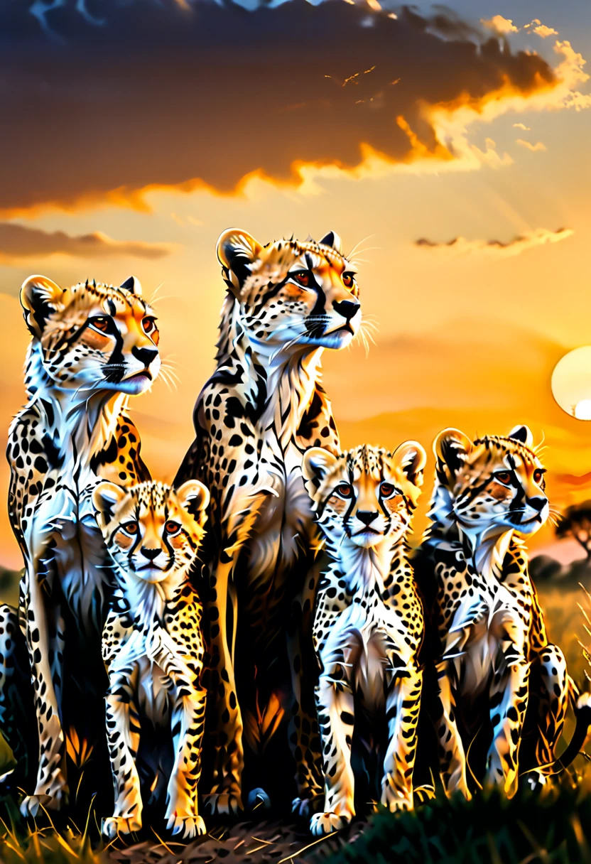 A group of cheetah families gather at the edge of the grassland at dusk, with their cubs playing. Adult cheetahs observe the surroundings cautiously, with a golden sunset background on the grassland, panoramic, cinematic still, emotional, vignette, dynamic, vivid, (masterpiece, best quality, Professional, perfect composition, very aesthetic, absurdres, ultra-detailed, intricate details:1.3)