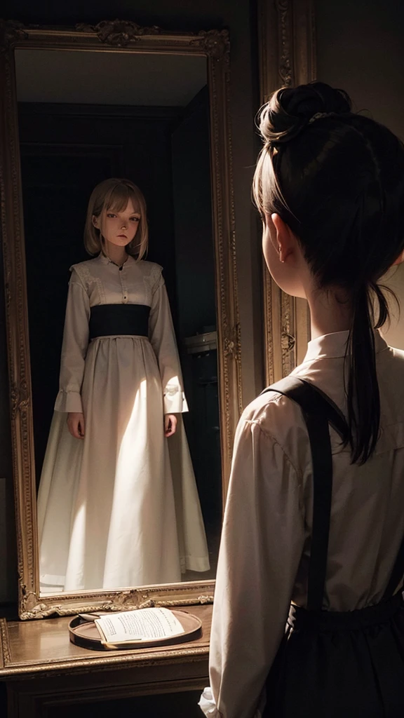 Female character standing in front of a mirror The reflection in the mirror showed a young woman with an unusual and frightening looking face. It had bright red eyes and a sharp-looking mouth. He was wearing a long white dress that looked old and had blood stains on it in some places. Ambient atmosphere in a dark room There was a faint glow from the candles on the wall. On the other side of the image is a male character with his back to the viewer looking at the reflection with a shocked expression. This image gives a haunting and frightening feeling. Create an atmosphere full of mystery and terror.