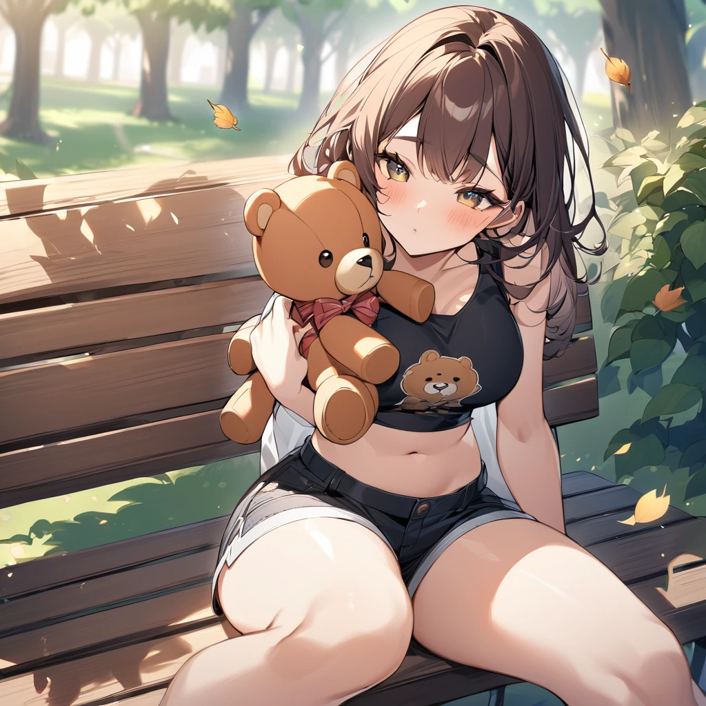 Young girl sitting on a bench in a park with her big beautiful thighs with leaves flying around her, her outfit, which is a tank top with teddy bears printed on it and mini shorts that hug her thigh