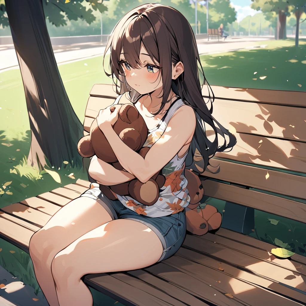 Young girl sitting on a bench in a park with her big beautiful thighs with leaves flying around her, her outfit, which is a tank top with teddy bears printed on it and mini shorts that hug her thigh