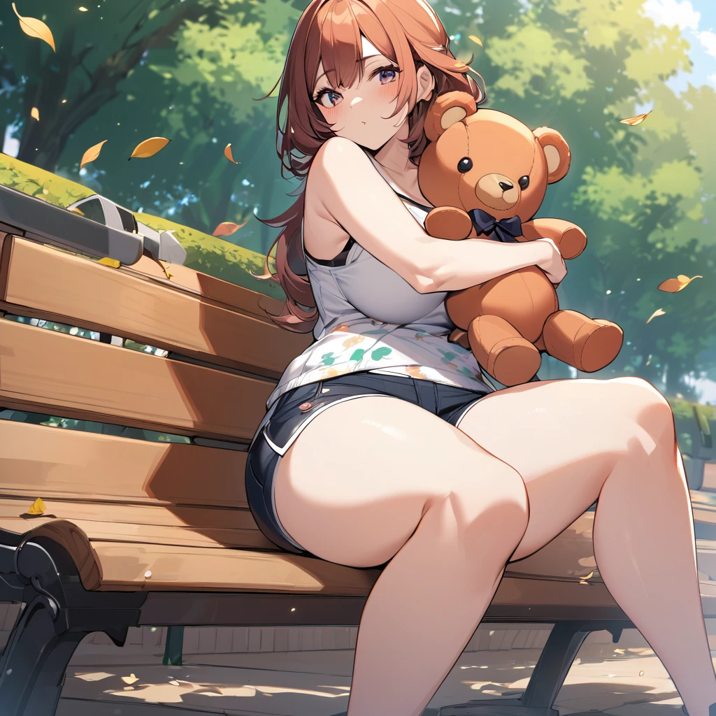 Young girl sitting on a bench in a park with her big beautiful thighs with leaves flying around her, her outfit, which is a tank top with teddy bears printed on it and mini shorts that hug her thigh